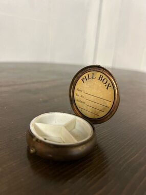 Vintage Round Pill Box with Interior Compartments - Brass and Florals